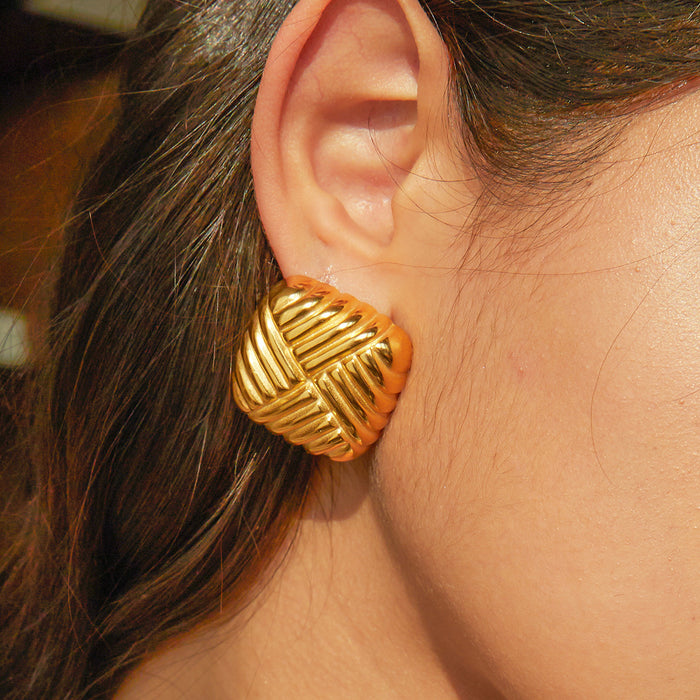 New 18K Gold Stainless Steel Knit Pattern Earrings - INS Style Geometric Jewelry