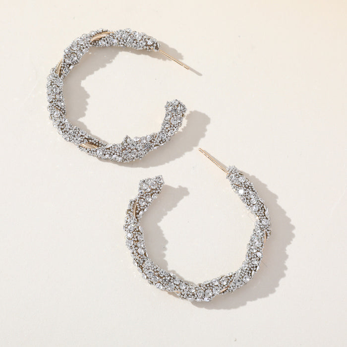 Silver Needle Rhinestone Earrings - Exaggerated Hoop Dangles for a Trendy Look