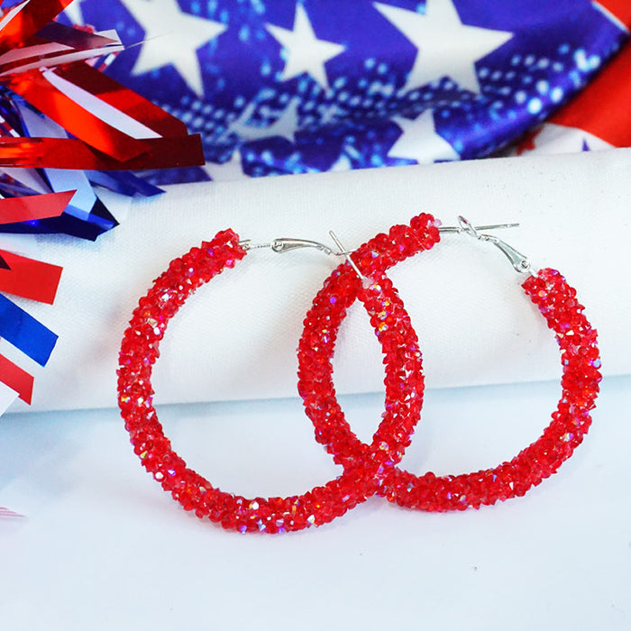 Independence Day Hoop Earrings with Sparkling Rhinestones in Patriotic Colors