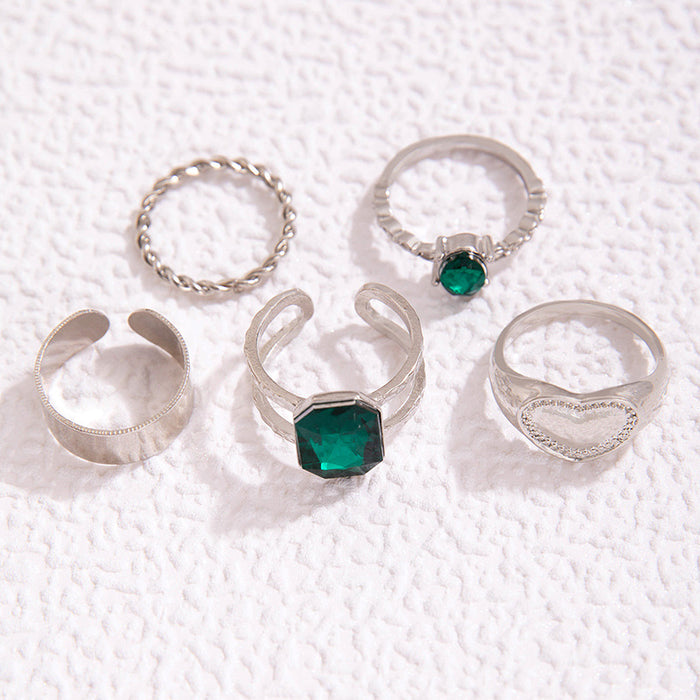 Imitation Emerald Geometric Heart Five-Piece Ring Set