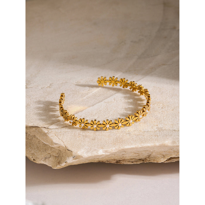 18K Gold Plated Stainless Steel Daisy Pearl Open Cuff Bracelet - Luxury Zircon Jewelry for Women