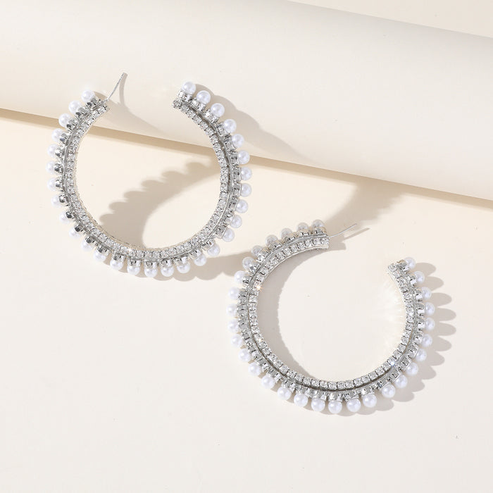 Pearl Accent Hoop Earrings - Trendy Rhinestone Jewelry for a Sophisticated Look