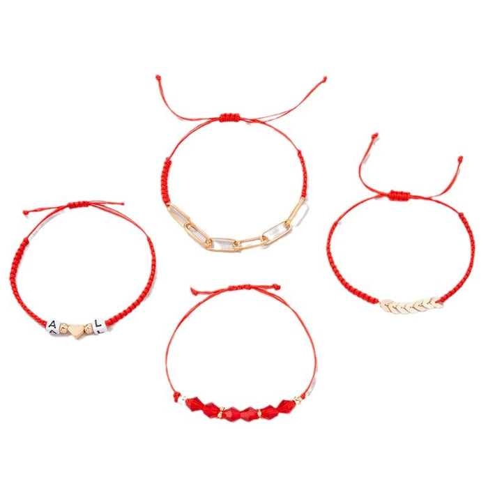 Heart Leaf Bracelet Set - Red String Four-Piece Women’s Jewelry