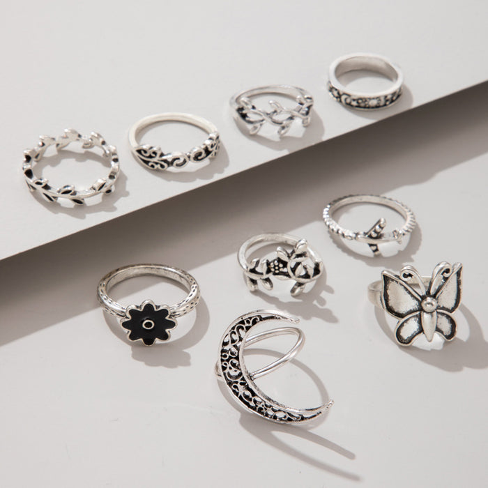 Retro airplane flower leaf moon butterfly ring 9-piece set