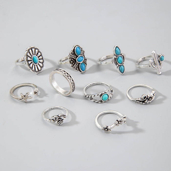 Ethnic Turquoise Ring Set - 10pcs Vintage Cactus Feather Rings