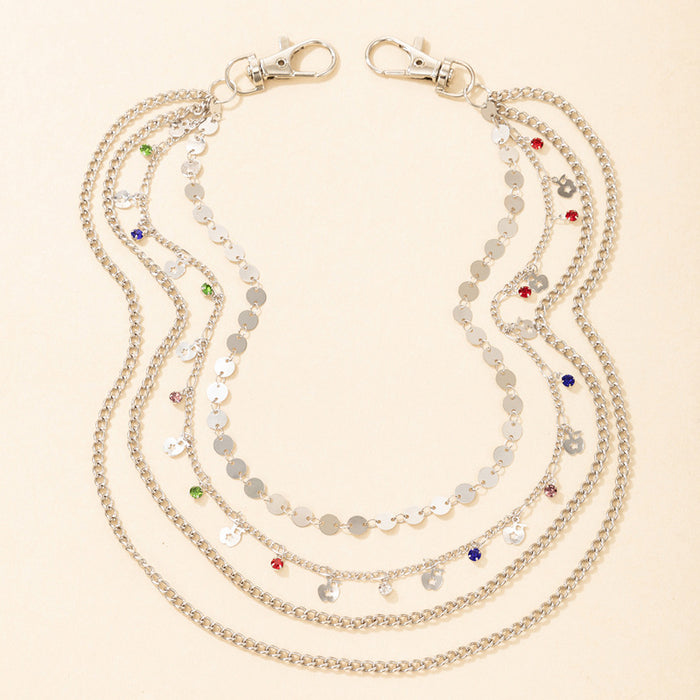 Colorful diamond-studded multi-layer metal disc trouser chain four-layer jewelry