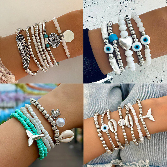 Ocean Bead Shell Bracelet with Fish Tail and Eye Charms - Five-Piece Set