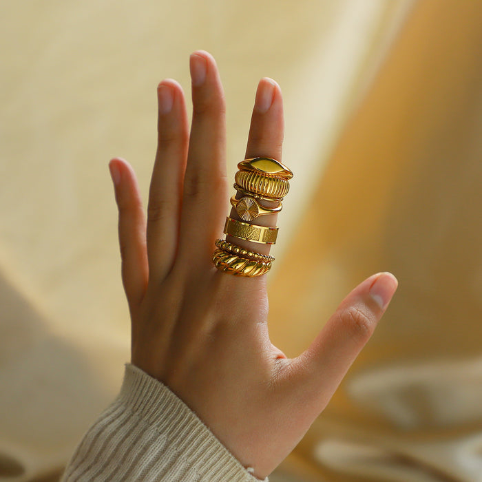 18K Gold Stainless Steel Starburst Ring with Woven Texture