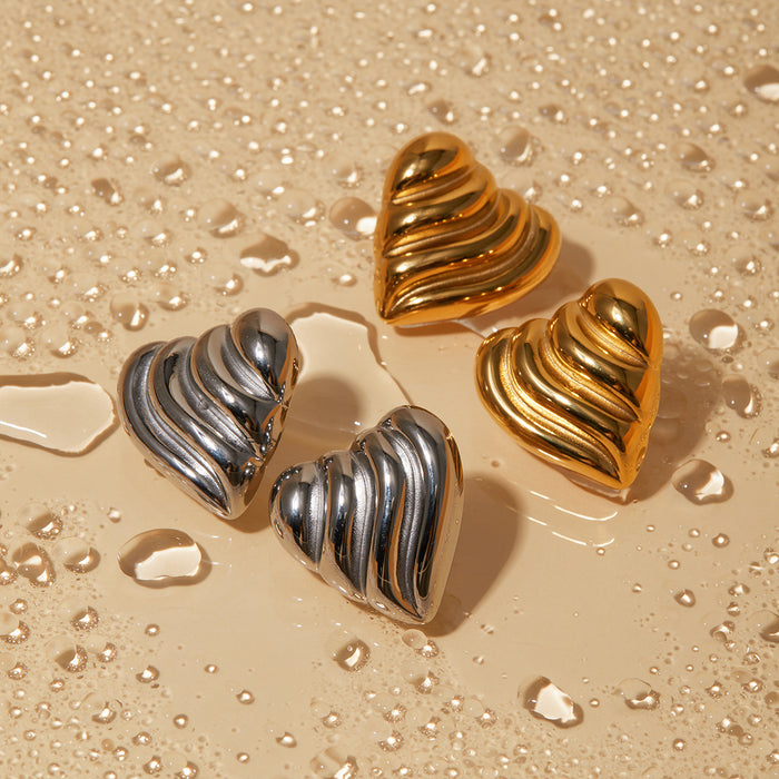 18K Gold Plated Stainless Steel Wavy Heart Earrings - High-End Design Jewelry