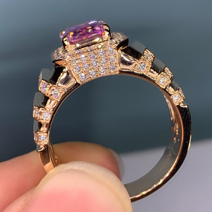 Anillo de bodas de cuarzo rosa con diamantes cuadrados y circonitas coloreadas Anillo de compromiso