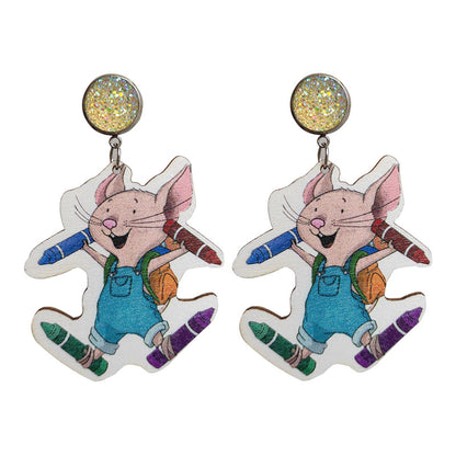 Mouse Cheese Earrings with Colorful Pencil and Cup Designs