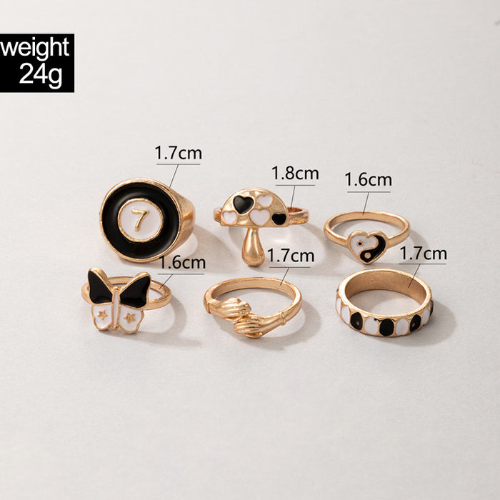 Black Tai Chi Butterfly Mushroom Element 6-Piece Ring Set