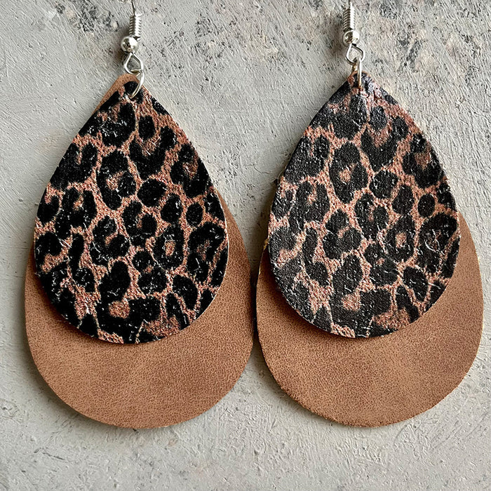 Western Cowboy Leopard Print and American Flag Double Layer Teardrop Earrings