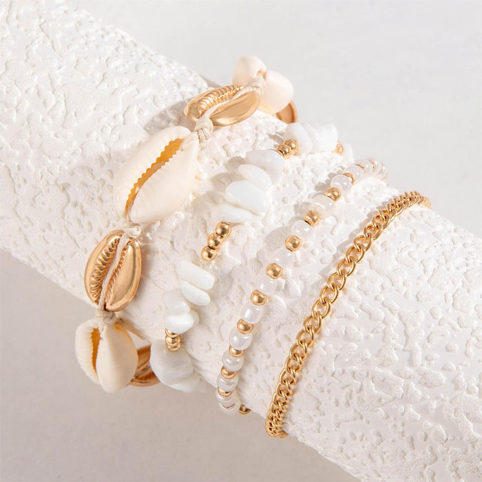 Bohemian Shell Bracelet Set - White Seed Beaded Woven Jewelry for Women