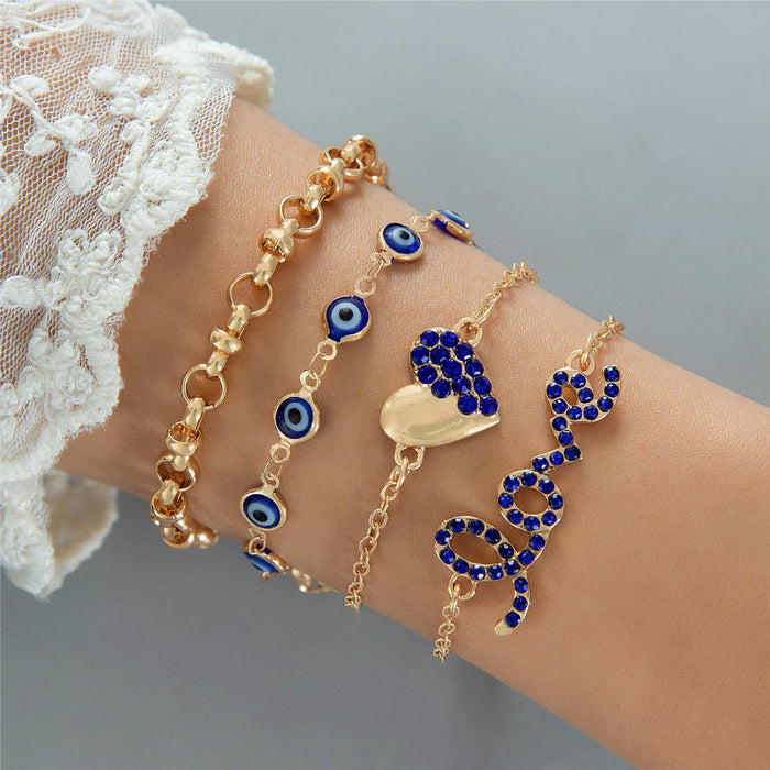 Blue Tone Heart and Butterfly Rhinestone Bracelet Set - Evil Eye Design