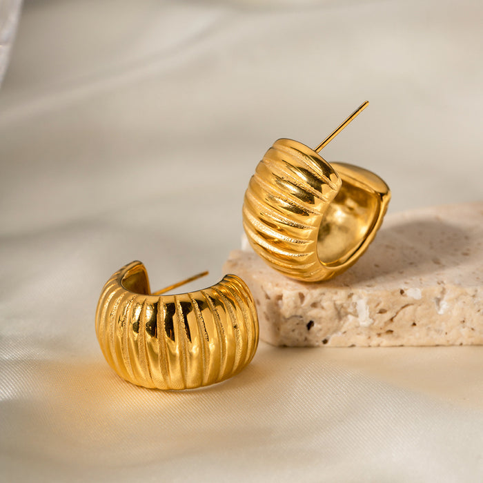 18K Gold Plated Stainless Steel Earrings - Bread Texture C-Shaped Design