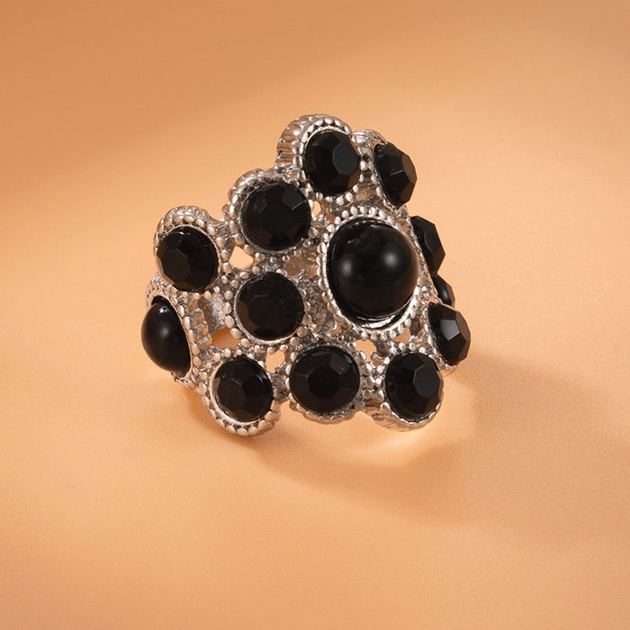 Punk Black Gemstone Rings - 1pc Set