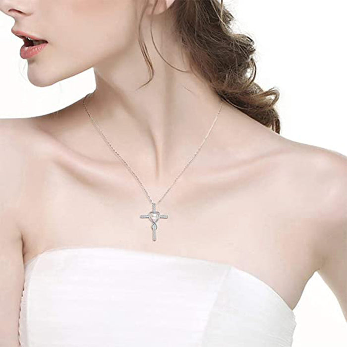 Hollow Cross Heart Pendant Imitation Pearl Necklace