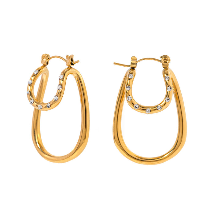 New Cross-Border 18K Gold Plated Stainless Steel White Zircon Double-Layer Curved Hoop Earrings - High-End Design