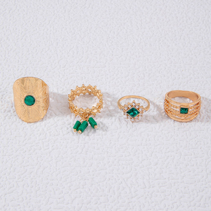 Vintage Emerald Square Gemstone Ring Set - 4pcs Geometric Creative Rings