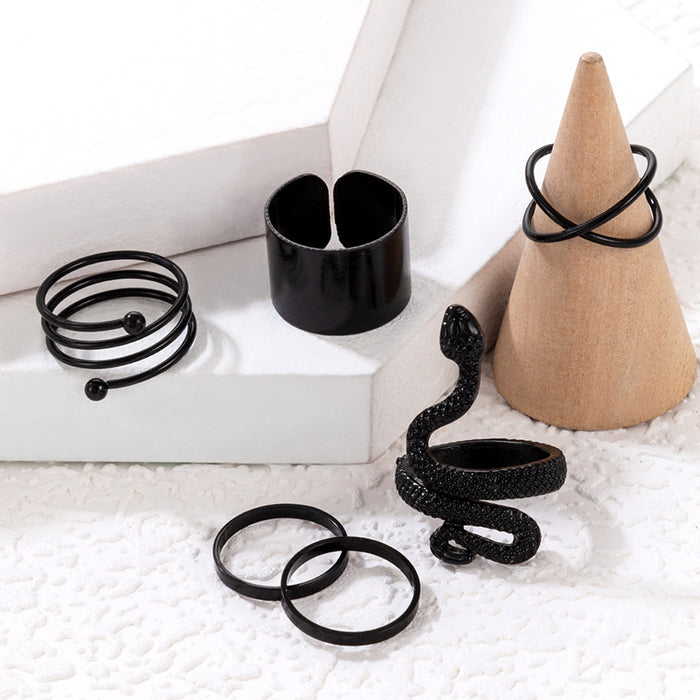 Geometric snake cross ring, multi-piece set black simple plain aperture six-piece set