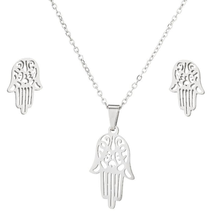 Hamsa Palm Pendant Necklace Earring Set, Cross-border Stainless Steel All-match Jewelry Wholesale