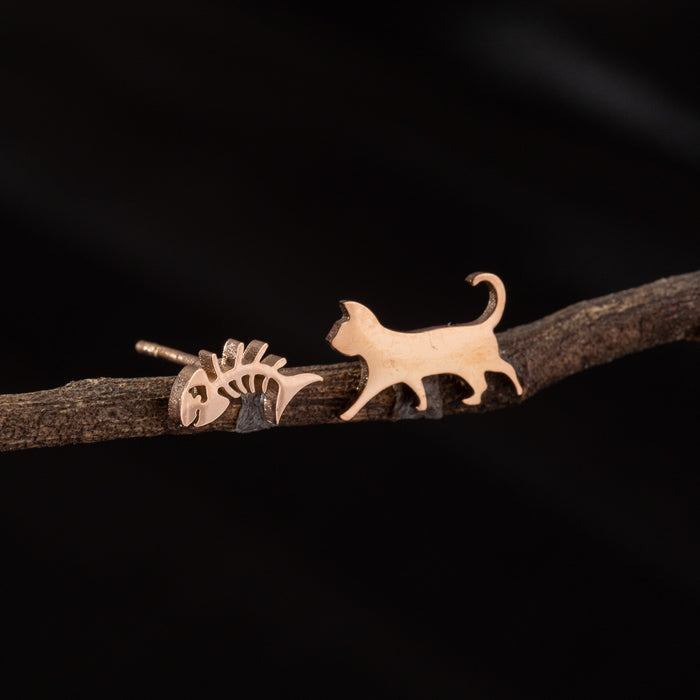 Cat and Fishbone Asymmetric Stud Earrings - Cute and Playful Animal Jewelry