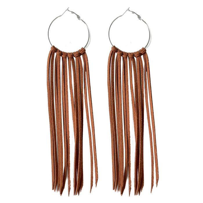 Bold Western Cowboy Tassel Hoop Earrings with Multi-Color Leather Design