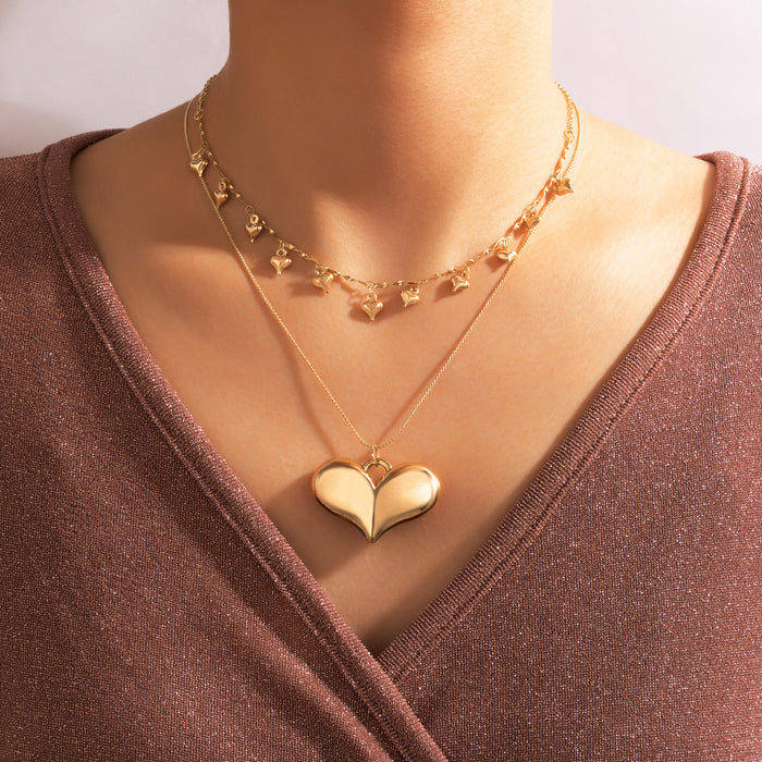 Colorful Heart Chain Double Layer Necklace with Gold Geometric Multi-Layer Design