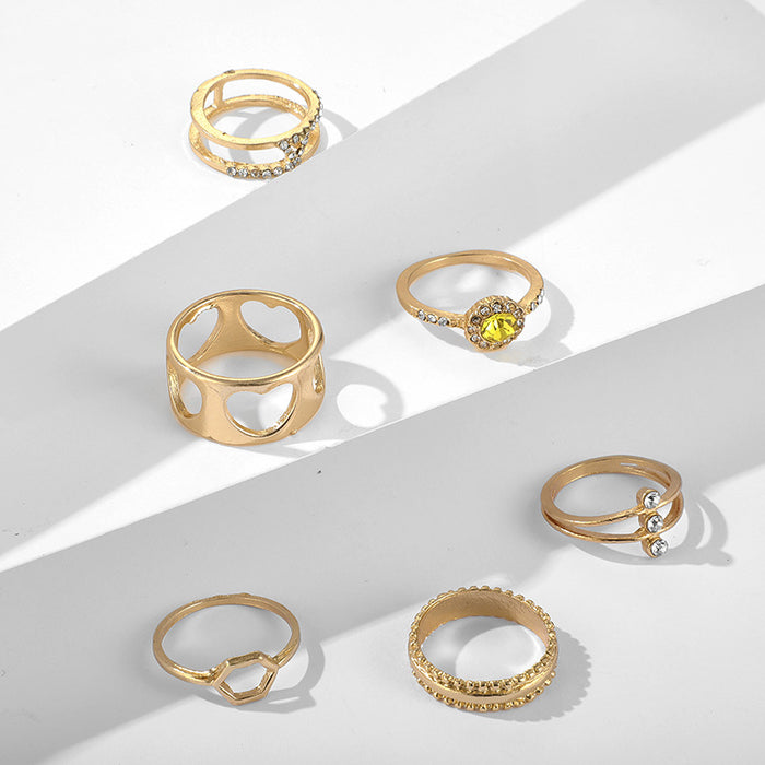 Yellow diamond geometric heart hollow ring 6-piece set