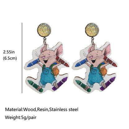 Mouse Cheese Earrings with Colorful Pencil and Cup Designs