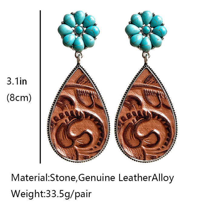 Western Embossed Leather Earrings with Bohemian Floral Turquoise and Pumpkin Flower Design