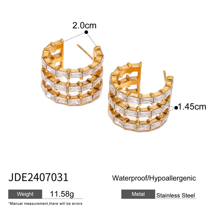 High-End Stainless Steel Zircon Earrings - Electroplated Non-Fading Titanium Steel C-Shaped Earrings for Women