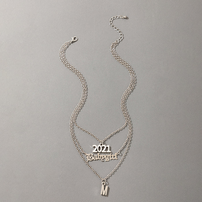 2021 Digital Alloy Three-Layer Necklace with Letter Silver Multi-Layer Clavicle Chain