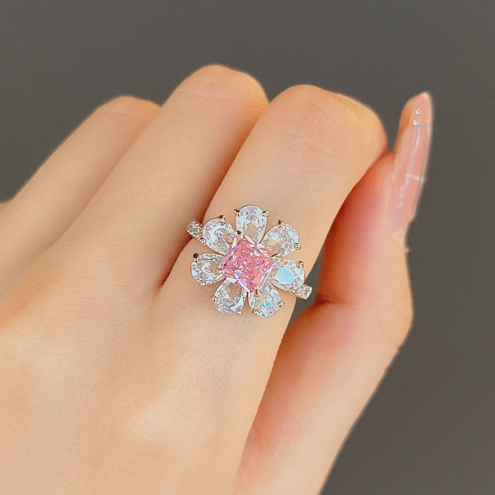 Pink Diamond Flower Zircon Ring Valentine's Day Romantic Proposal Ring