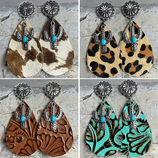 Western Cactus Embossed Leather Earrings with Turquoise and Ethnic Style