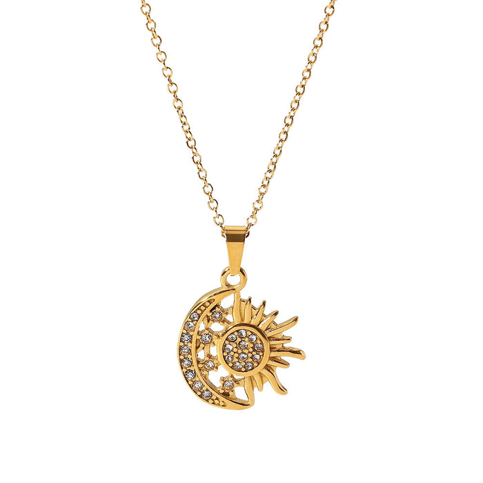 French Style 18K Gold-Plated Stainless Steel Necklace - Bright Moon and Star Pendant with Zircon Inlay