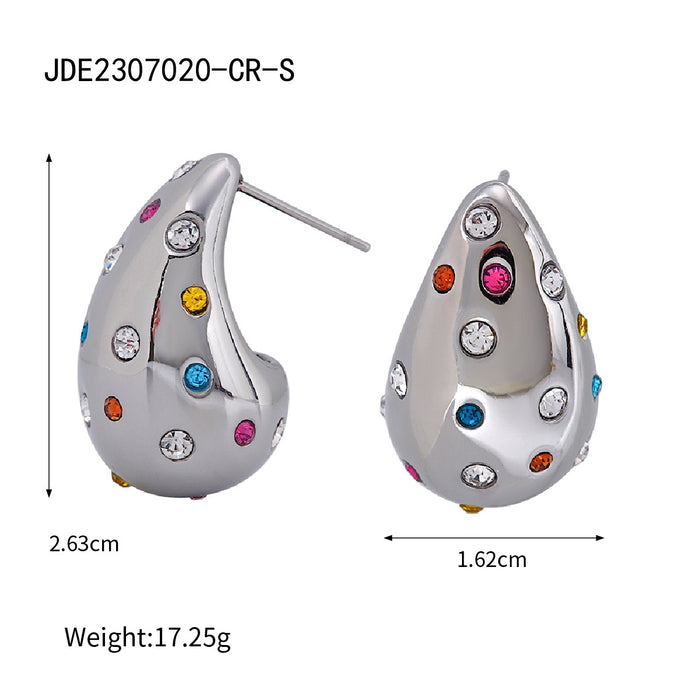 European 2024 Summer New Stainless Steel Zircon Stud Earrings - Unique Colored Zircon Teardrop Jewelry for Women