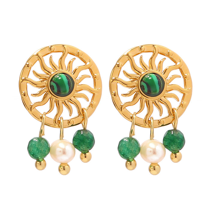 French Vintage 18K Gold Plated Stainless Steel Earrings - Natural Stone Pendant Jewelry for Women - wallojewerly 