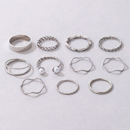 Ins Cool Minimalist Wave Twist Ring Set – Beaded Pearl Inlaid, 11-Piece Collection