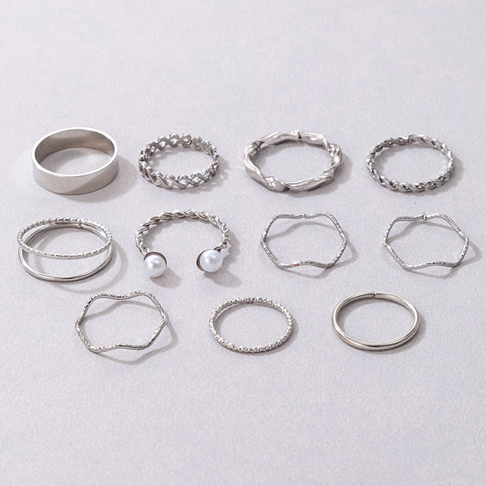 Ins Cool Minimalist Wave Twist Ring Set – Beaded Pearl Inlaid, 11-Piece Collection