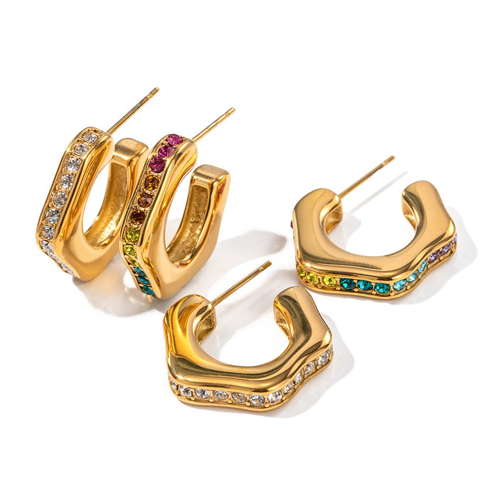 INS New 18K Gold Stainless Steel Zircon Inlaid C-Shaped Earrings - Fashion Jewelry