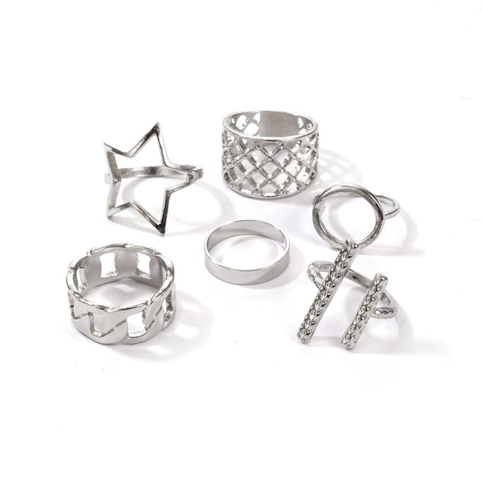 Vintage hollow wide-edge five-pointed star round open ring 6-piece set