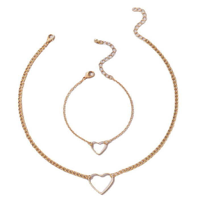 Simple Heart Hollow Bracelet and Necklace Set with Geometric Design