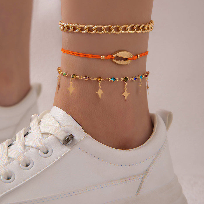 Rhinestone Star Anklet Set with Woven Rope and Shells - Boho Beach Jewelry