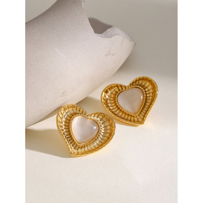 18K Gold Stainless Steel Heart Earrings - White Cat's Eye Stone Design Jewelry