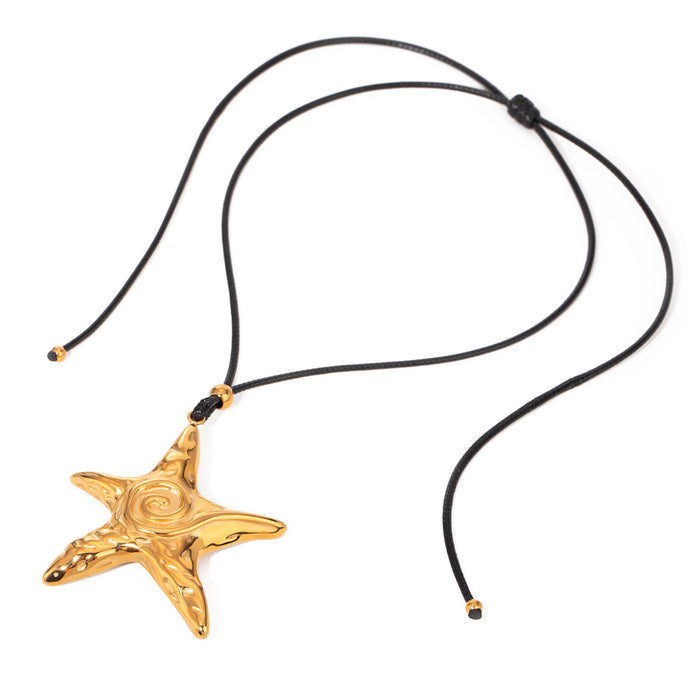 18K Gold-Plated Stainless Steel Star Pendant Necklace - Large Retro Spiral Starfish with Wax Cord