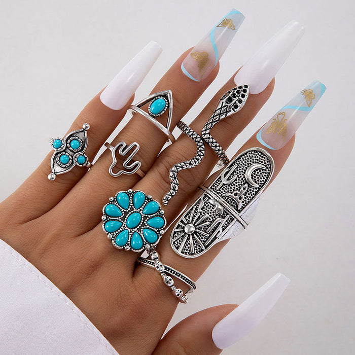 Turquoise leaf inlaid vintage snake-shaped crescent joint ring six-piece set