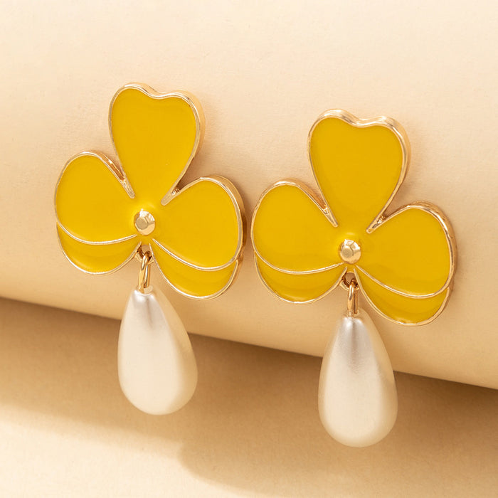 Pendientes de lujo ligeros con diamantes y perlas, pendientes de amor, pendientes de flores con gotas de aceite