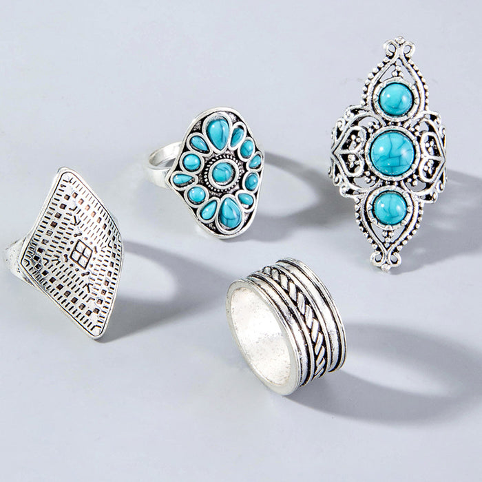 Vintage Turquoise Ring Set - 4pcs Ethnic Style Wheat Pattern Rings